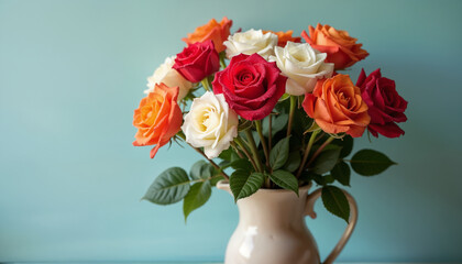 Obraz premium Vibrant Bouquet of Mixed Roses in a Cream Vase