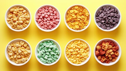 Colorful cereal with milk in white bowls on yellow background, top view composition, perfect for breakfast and food ads