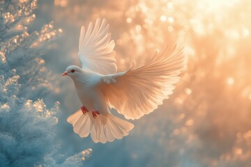 Fototapeta premium A white dove gracefully flies through a soft, blurred background of pastel colors during sunset