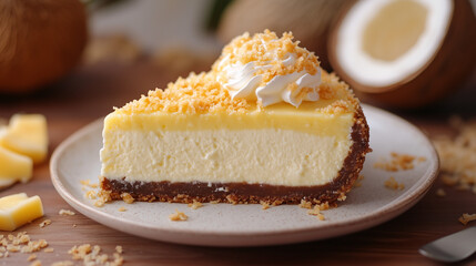 Delicious coconut and pineapple cheesecake topped with fresh mint on a wooden platter in a cozy kitchen setting.