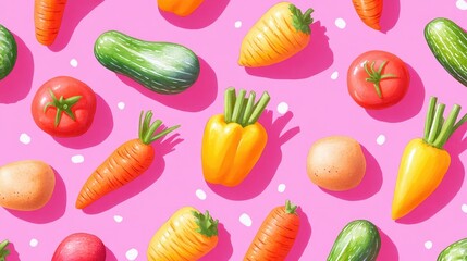Colorful vegetables in a pattern on a pink background, celebrating fresh, healthy eating with a summer feel