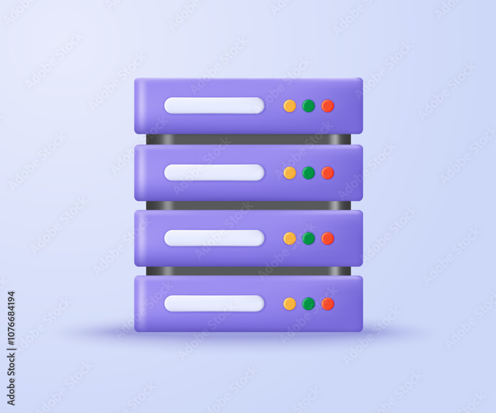 Poster Server 3D icon. Minimalist purple color 3D design of Data Center, web hosting and cloud storage. 3D concept of cloud storage technology, vector illustration.