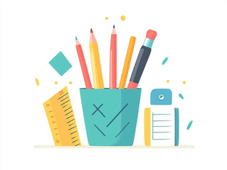Cute cartoon illustration of stationery, a pencil cup with a ruler and paintbrushes on a white background. 