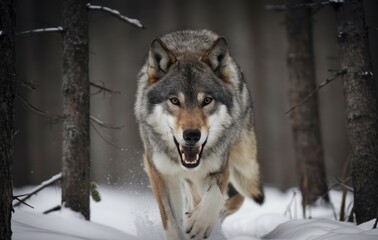 Naklejka premium Wolf in the Snow: A majestic wolf, with piercing eyes and a determined gaze, strides through a snow-covered forest, creating a sense of primal power and wilderness.