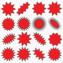 Set of vector starburst, sunburst badges. Different color. Simple flat style Vintage labels. Design elements. Colored stickers. A collection of different types and colors icon. EPS 10.