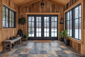 Fototapeta premium Cozy rustic entryway with double doors and natural decor during winter in a countryside setting