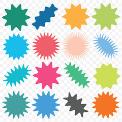 Set of vector starburst, sunburst badges. Different color. Simple flat style Vintage labels. Design elements. Colored stickers. A collection of different types and colors icon. EPS 10.