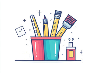 Cute cartoon illustration of stationery, a pencil cup with a ruler and paintbrushes on a white background. 