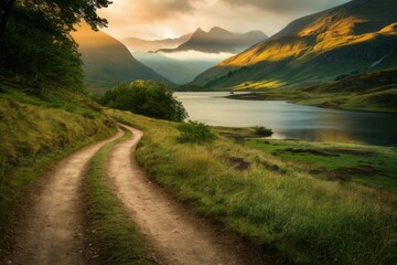 Winding Road to the Highlands: A picturesque dirt road snakes through verdant meadows, leading towards majestic mountains bathed in golden sunlight.