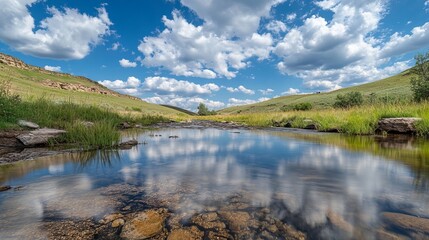 Fototapeta premium Smooth Clouds and Water Due to Long Exposure with Reflections in the Still River, Copy Space