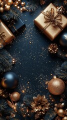 Elegant holiday decorations with gifts and ornaments on a dark background during the festive season
