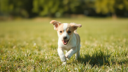 Joyful Puppy Running Through a Sunlit Field: Capturing heartwarming scene symbolizes innocence and unconditional love.