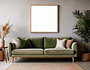 poster art mockup empty frame on wall with sofa in front in a stylish living room