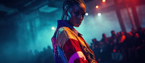 A model poses dramatically in a vibrant, atmospheric setting.