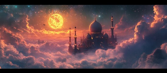 A mystical palace floating among clouds under a vibrant moon.