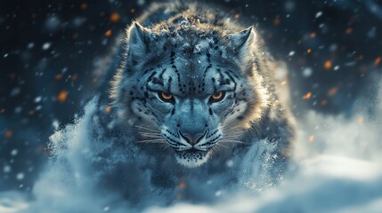 Fototapeta premium A snow leopard with intense eyes stares forward in a snowy environment with glowing sparks falling around it.