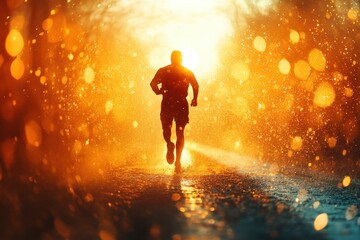 Runner enjoying a vibrant sunset while jogging through a rain-soaked path