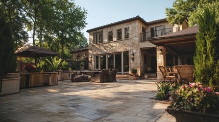 Naklejka premium Stone and concrete back patio area with lots of entertaining options