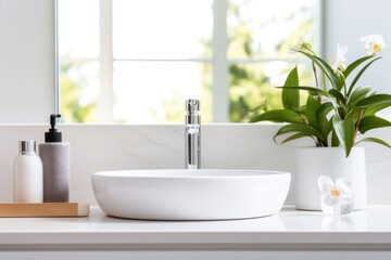 Fototapeta premium Sink plant countertop mirror.