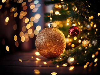 きらめくゴールドのオーナメントとクリスマスツリー - 温かみのある光に包まれた、幻想的なクリスマスシーン