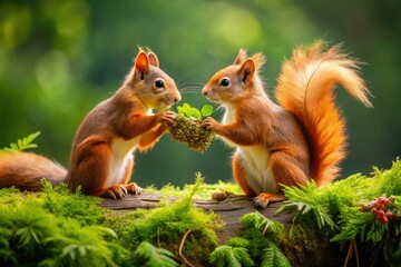 Playful Red Squirrels in Lush Greenery - Nature Photography