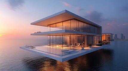 Fototapeta premium Modern floating house with glass walls at sunset over water.