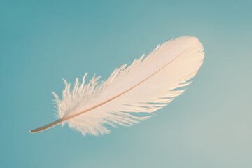 Obraz premium A delicate white feather floating gently above calm water at dawn, surrounded by soft clouds