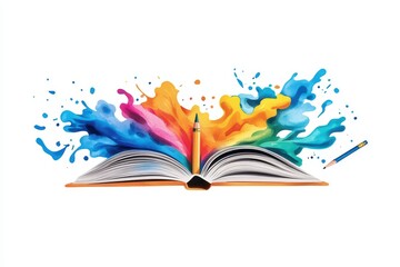 An open book with colorful ink splashes and a pencil, representing creativity and imagination.