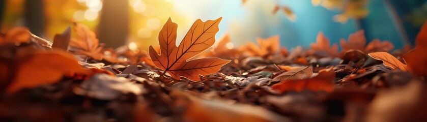 Autumn leaves scattered on the forest floor, illuminated by soft sunlight, creating a serene atmosphere.