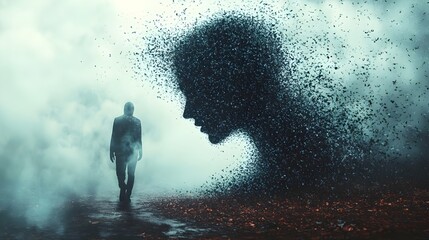 Obraz premium A man walks through a foggy, smoke-filled environment