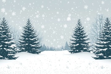Fototapeta premium Snowfall blankets a tranquil winter landscape with evergreen trees in a serene setting