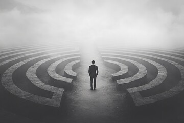 Businessman Standing at the Center of a Maze in a Foggy Landscape