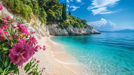 Obraz premium The cliffs and sandy shoreline of Paradise Beach, also known as Chomi Beach in the Aegean Sea off Corfu, Greece. Chomi, also known as Paradise beach, lies on the northwest coast of Corfu