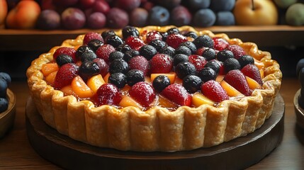 A pie with strawberries, blueberries, and peaches on top