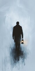 Obraz premium A man is walking in the rain holding a lantern
