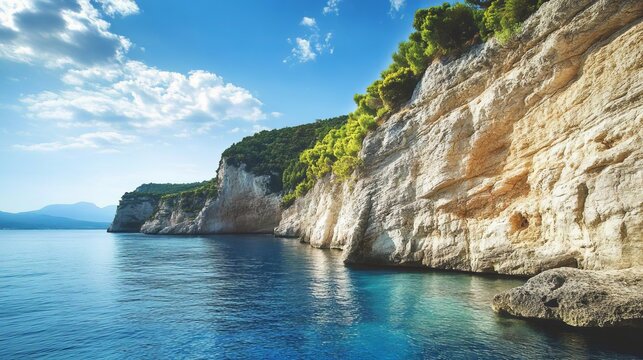 The cliffs and sandy shoreline of Paradise Beach, also known as Chomi Beach in the Aegean Sea off Corfu, Greece. Chomi, also known as Paradise beach, lies on the northwest coast of Corfu