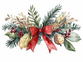Watercolor Boho Christmas mistletoe clipart decorated with delicate feathers in earthy tones against a clean white background  The organic natural has a warm rustic and festive feel
