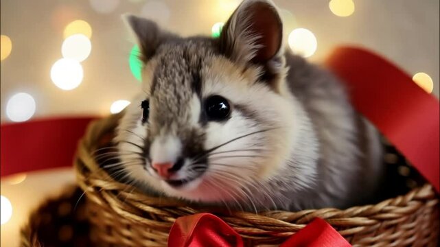 Merry Christmas and Happy New Year horizontal video, pet rodents, jerboa, hamster, mouse, talking holiday greeting