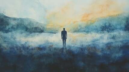 Fototapeta premium Silhouette of a Person Standing in a Dreamy Watercolor Landscape