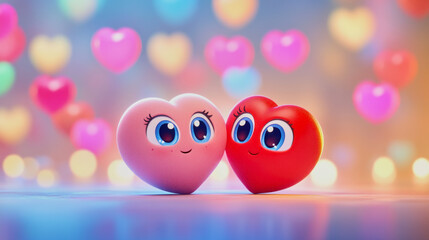 Fototapeta premium Two cute cartoon hearts with big eyes surrounded by colorful glowing hearts at night. Generative AI