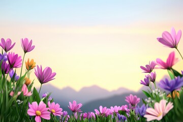 Fototapeta premium Colorful flowers in a vibrant field against a serene mountain backdrop during sunset.