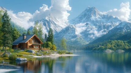 Fototapeta premium Scenic mountain landscape with a cabin by a tranquil lake.