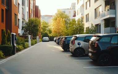 Fototapeta premium A row of electric cars are parked in a parking lot