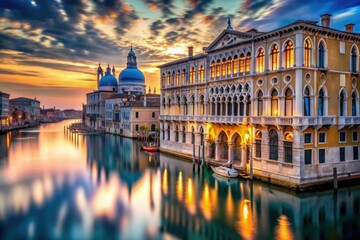 Naklejka premium Reflections of Ca' Rezzonico Palace grace the Grand Canal, enveloping Venice in a dreamlike aura of 18th-century artistry and architecture, creating surreal elegance.