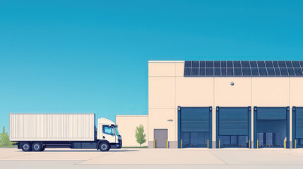 Illustration of Sustainable Practices in Warehousing Featuring a Solar-Powered Facility and Eco-Friendly Delivery Truck in a Modern Urban Environment