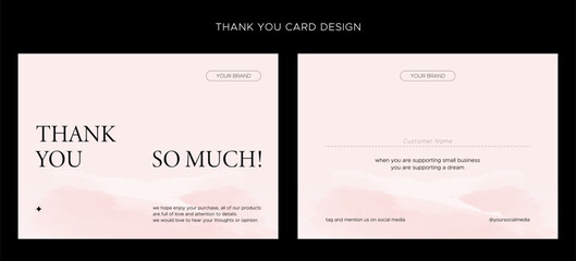 Thank you card with two side printing template with watercolor design. for online shopping, greeting, customer relations