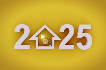 Creative 2025 New Year Concept with House Illustration. 3d render