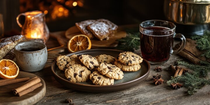 Freshly baked cookies with chocolate chips are arranged on a plate beside two mugs of spiced beverage. Seasonal decor of cinnamon sticks and orange slices enhances the cozy atmosphere.