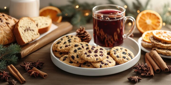 Freshly baked cookies with chocolate chips are arranged on a plate beside two mugs of spiced beverage. Seasonal decor of cinnamon sticks and orange slices enhances the cozy atmosphere.