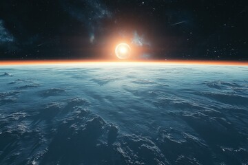 Sunrise over a distant planet highlighting the vastness of space and the beauty of distant worlds